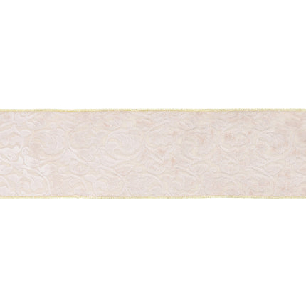  Ivory floral embossed velvet ribbon (gold backing, gold edge). Intricate pattern, rich craft.