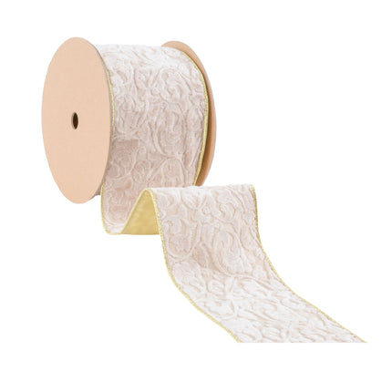 Roll of reversible ivory floral velvet ribbon (gold back, gold edge). Elegant design, premium feel.