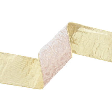Reversible ivory floral velvet ribbon: gold backing, gold edge. Detailed craft, lush texture.