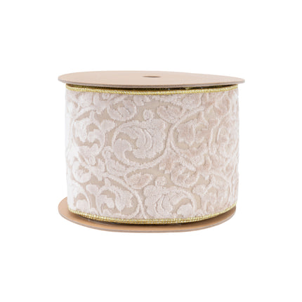 Roll of ivory floral embossed velvet ribbon, reversible to gold, gold-edged. Sophisticated pattern.