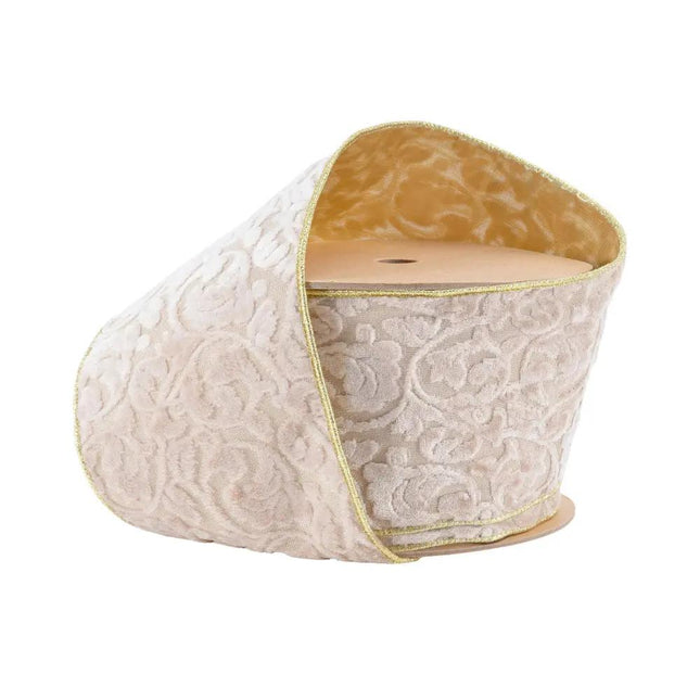 4" Wired Reversible Velvet Ribbon | Ivory Floral Embossed with Gold Backing | 10 Yard Roll LA Ribbons Wholesale