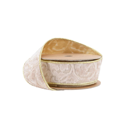 1 1/2" Wired Velvet Ribbon | Ivory Floral Embossed with Gold Backing | 10 Yard Roll