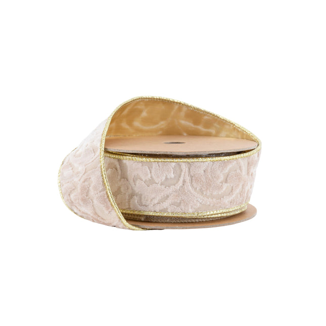1 1/2" Wired Velvet Ribbon | Ivory Floral Embossed with Gold Backing | 10 Yard Roll