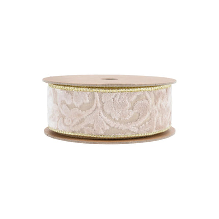 A roll of 1 1/2" wired velvet ribbon, ivory with floral embossing and gold accents, perfect for adding a luxurious touch to holiday decorations.