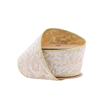 2 1/2" Wired Velvet Ribbon | Ivory Floral Embossed with Gold Backing | 10 Yard Roll