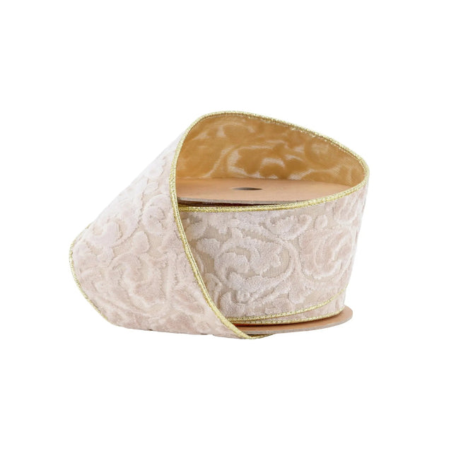 2 1/2" Wired Velvet Ribbon | Ivory Floral Embossed with Gold Backing | 10 Yard Roll LA Ribbons Wholesale