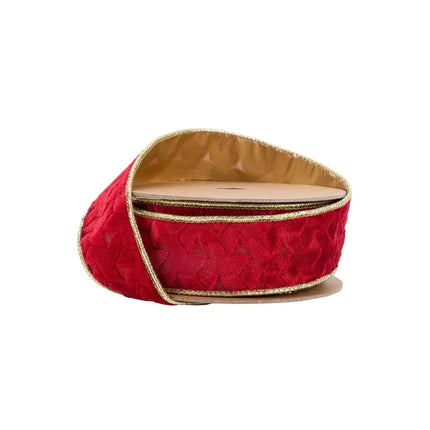1 1/2" Wired Velvet Ribbon | Red Geometic Embossed with Gold Backing | 10 Yard Roll