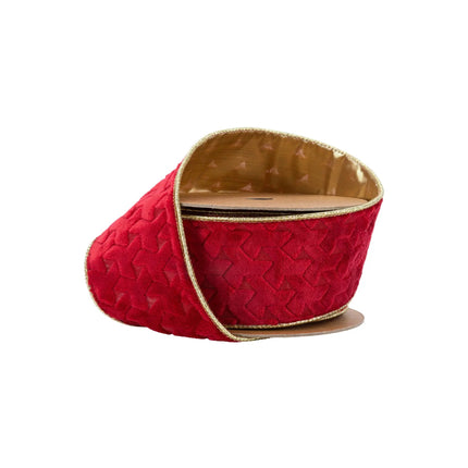 2 1/2" Wired Velvet Ribbon | Red Geometric Embossed with Gold Backing | 10 Yard Roll LA Ribbons Wholesale