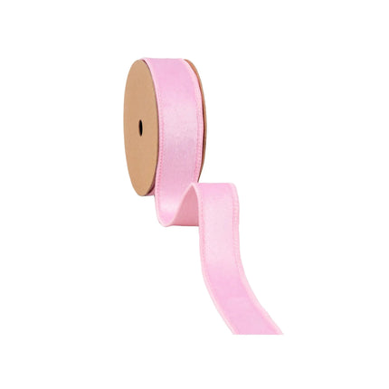 1" Pink Reversible Classic Velvet Wired Ribbon, great for adding a luxurious touch to baby shower packaging.