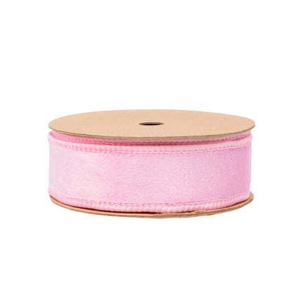 1" Reversible Pink Velvet Wired Ribbon, with plush velvet and satin reverse, ideal for creating refined gift bows 