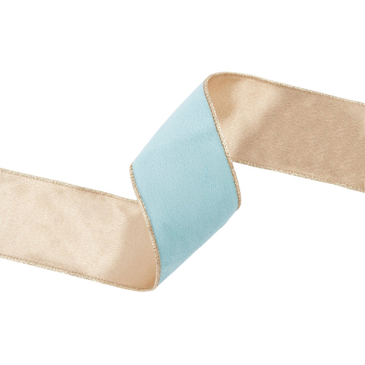 2 1/2" Reversible Classic Velvet Wired Ribbon | Aqua/Gold | 10 Yard Roll LaRibbons Wholesale