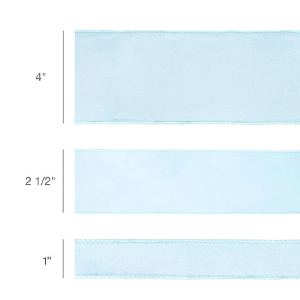 4", 2 1/2", and 1" reversible classic velvet wired ribbon in light blue, for delicate gift wrapping and craft projects.