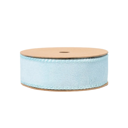 1" Reversible Light Blue Velvet Wired Ribbon with stitched edge, ideal for creating refined gift bows 