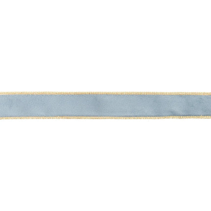 Reversible 1-inch Capri blue velvet ribbon with gold trim, combining plush texture and shimmering accents.