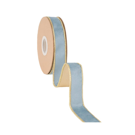 Luxurious Capri blue velvet wired ribbon with gold lining, offering a rich two-tone design.
