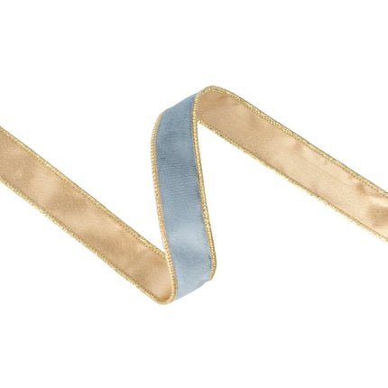 1" Capri blue and gold velvet wired ribbon, great for adding a soft, metallic touch to any project.