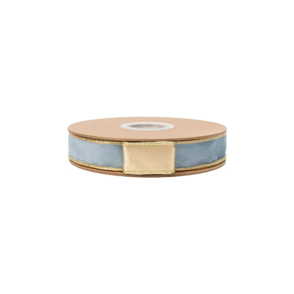1-inch reversible Capri blue velvet ribbon with gold edges, perfect for holiday bows and wreaths.