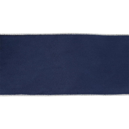 A reversible velvet wired ribbon, navy with a silver backing, perfect for gift presentation and DIY projects.