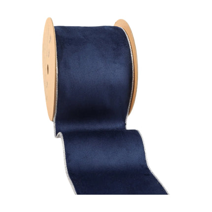 A roll of reversible velvet wired ribbon, navy/silver, great for adding a touch of luxury to gift wrapping.