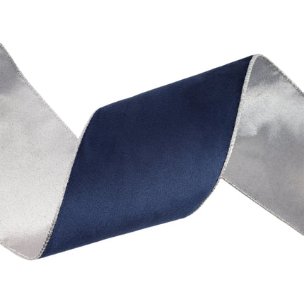 This presents a reversible velvet wired ribbon: navy on one side and silver on the other, ideal for weddings.