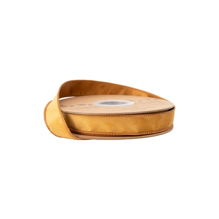 1" reversible classic velvet wired ribbon in warm gold, perfect for gift wrapping and holiday decor.