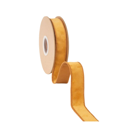 Rich gold classic velvet wired ribbon, double-sided design for consistent color and a luxurious finish.