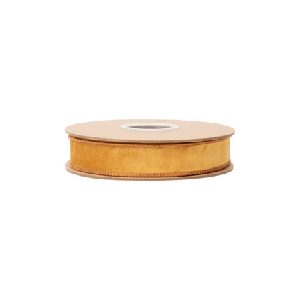 Premium gold velvet wired ribbon, 1-inch width, with double-sided plush texture for elegant bows.