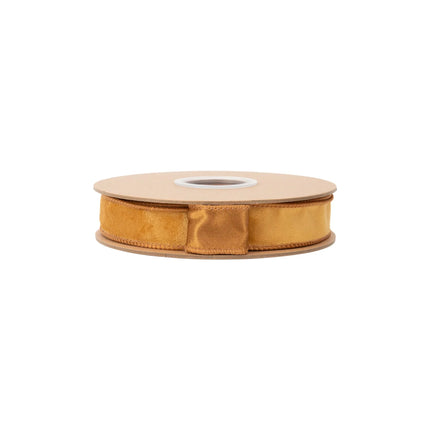 1-inch gold reversible velvet ribbon with wired edges, ideal for crafting, wreaths, and festive arrangements.