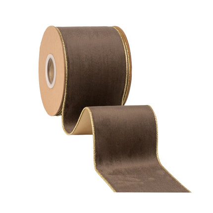 Warm brown plush velvet wired ribbon with gold trim & gold satin reverse, 4-inch width for DIY craft projects.