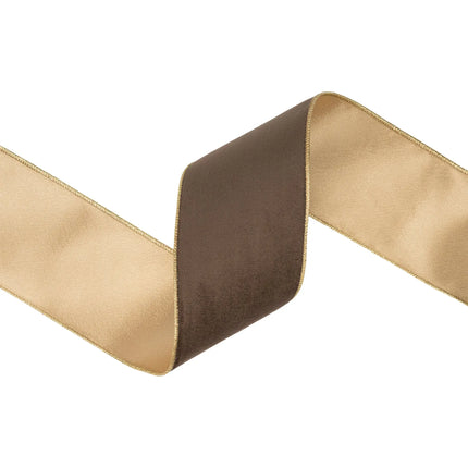 4-inch classic brown velvet wired ribbon with shiny gold satin inner layer for vintage bulk gift wrapping