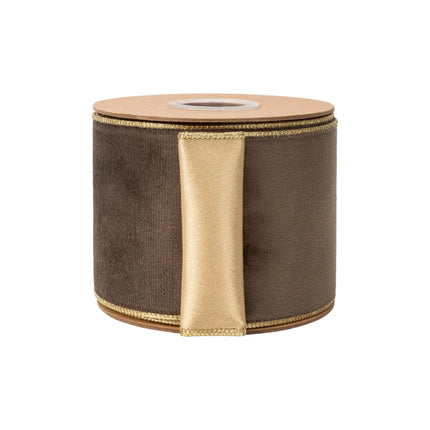 4" dual-sided velvet wired ribbon with soft brown velvet face and glossy gold satin lining