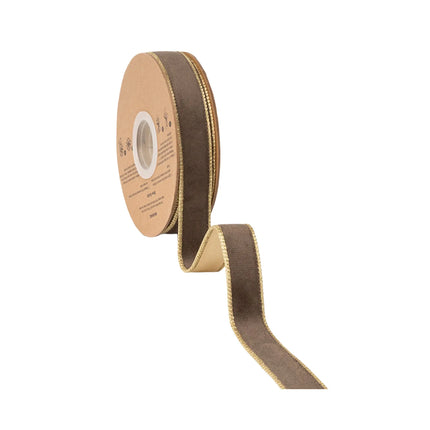 Brown velvet wired ribbon trimmed with gold edging and gold satin reverse, 1-inch width for DIY craft projects.