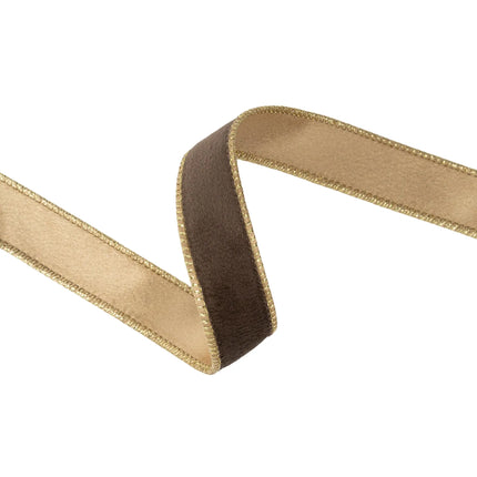 1-inch classic reversible wired velvet ribbon with gold shimmer backing for upscale holiday gift wrapping accents.