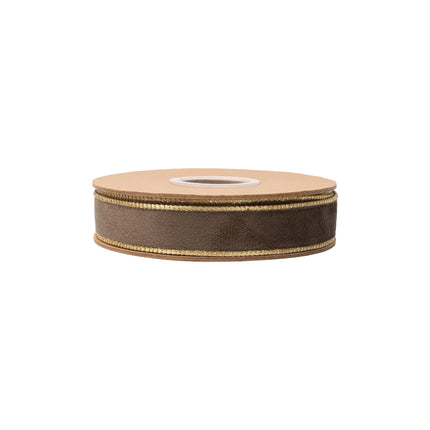Warm brown plush velvet ribbon with gold satin lining, suited for fall seasonal decor and handmade small ornaments.