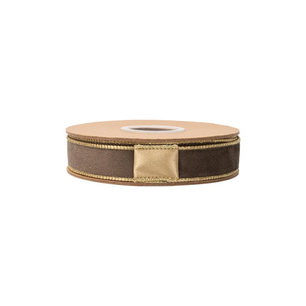 1" two-sided wired ribbon featuring soft brown velvet front and glossy gold shimmer satin backing for floral embellishments.