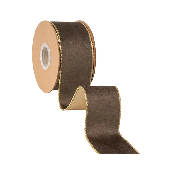Warm brown velvet wired ribbon with gold trim and glossy gold satin reverse, for holiday gift wrapping 