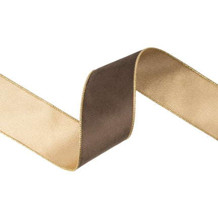 Gold edged brown velvet wired ribbon with shimmer gold reverse side perfect for handmade decorative arrangements.