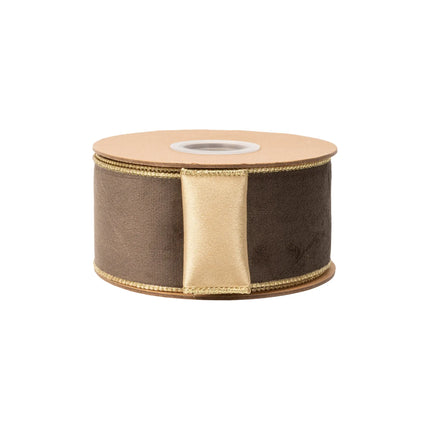 2 1/2" dual-sided wired velvet ribbon featuring plush brown front and shiny gold satin backing for floral arrangement