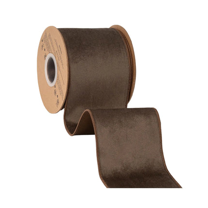 Solid warm brown dual-sided velvet wired ribbon, 4-inch width perfect for farmhouse seasonal DIY craft projects.