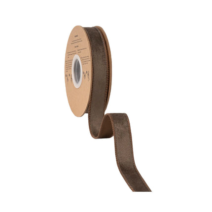 Warm chocolate brown wired velvet ribbon with coordinating shimmer backing, suited for autumn and everyday home embellishments.