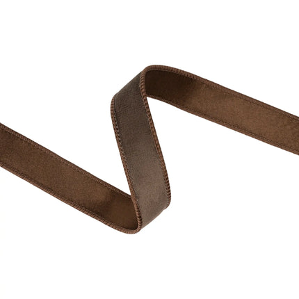 1-inch classic reversible brown velvet wired ribbon for handmade ornaments and seasonal gift wrapping decor.