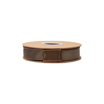 Solid brown velvet wired ribbon with dual-sided brown finish, 1-inch width perfect for farmhouse DIY craft projects.