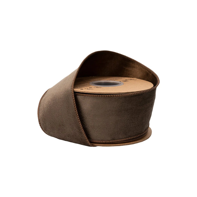 2 1/2" reversible brown wired velvet ribbon with brown shimmer backing, ideal for gift bows.