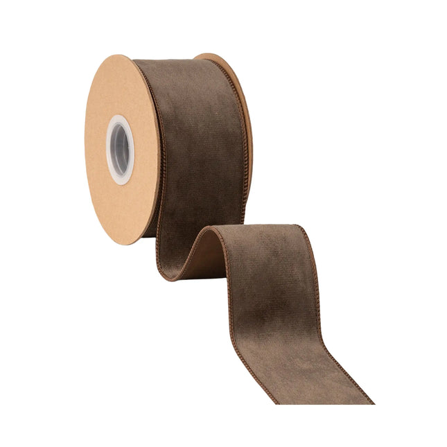 Solid chocolate brown velvet wired ribbon with dual-sided finish, 2.5-inch width for DIY crafts.