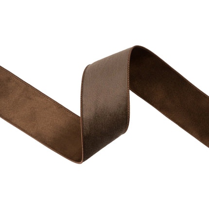2.5-inch classic brown velvet wired ribbon with matching shimmer lining for gift wrapping