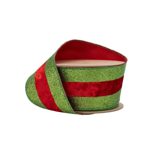 2 1/2" Wired Ribbon | Green Glitter with Red Velvet Stripe | 10 Yard Roll LaRibbons Wholesale