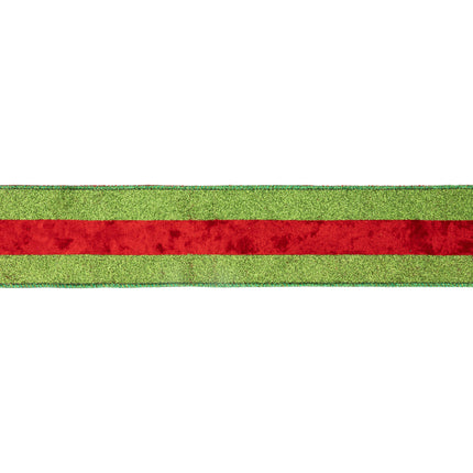 Green glitter and red velvet striped ribbon, clear pattern, rich Christmas feel.