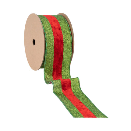 Green glitter & red velvet striped ribbon spool, stylish roll, eye-catching design.