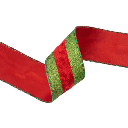 Green glitter & red velvet striped ribbon, delicate fold, elegant stitching.