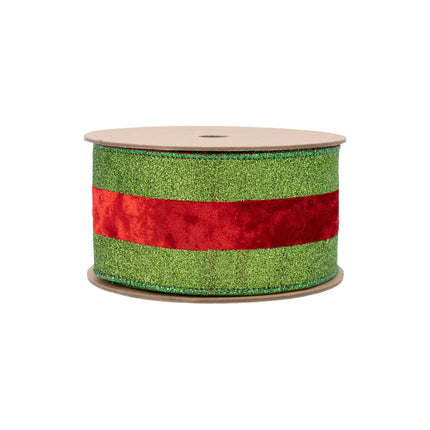 Green glitter & red velvet striped ribbon spool, well-crafted, festive charm.
